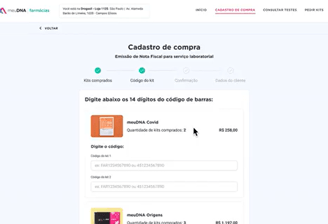 tela de cadastro de compra testes meuDNA na farmácia