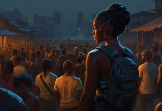 Group of Black people filling the streets, with a Black woman wearing a backpack.