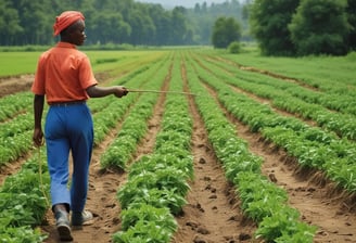 A barn interior featuring several cows tethered in stalls, with farmhands attending to them. The barn has concrete walls, a high ceiling, and a large opening at one end allowing natural light to enter. A farmer holding equipment walks along the center aisle lined with straw.