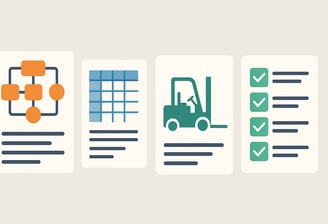 Four document templates on a soft gray background: an orange flowchart diagram, a blue spreadsheet.