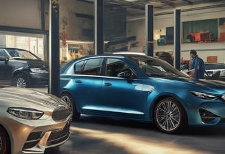 a blue car parked in a garage for car maintenance