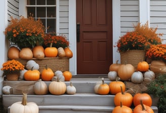 A vibrant garden scene filled with colorful autumn foliage. Dominant red leaves on trees create a striking contrast with the surrounding greenery. A small birdhouse with a teal roof is positioned behind a brick structure adorned with festive wreaths and garlands.