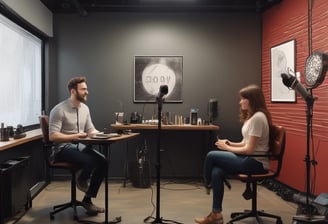 A person wearing headphones is sitting at a desk with a microphone, appearing to communicate or record a podcast. They are using a computer with a monitor displaying a web interface for creating an episode. Other desk items include a keyboard, a desk lamp, and some electronic devices. There's a small potted plant in the background.