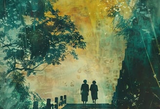 Two people walking on a forest path, symbolising guidance and care.