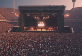 A large outdoor event setup with a grassy archway entrance leads to a stage area. Rows of red and blue chairs are arranged neatly in front of the stage. The surrounding area includes green hills and a clear blue sky. Welcome banners featuring photographs are placed at the entrance, and colorful tents are seen on the sides.