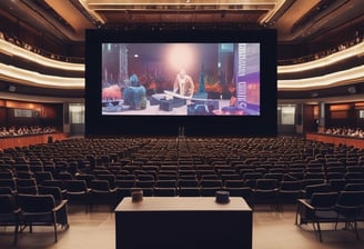 An outdoor event setup with rows of white and black chairs arranged in front of a stage. A large sign on the stage reads 'Festival of creative industries' with a date '09.09'. The venue is surrounded by modern architecture with large windows and a brick building visible in the background. Plants and trees add a natural touch to the urban setting.