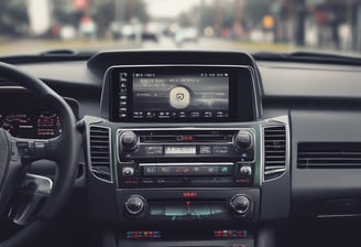 A car dashboard displays a digital infotainment system screen. The screen shows a radio interface with various channels like BBC R1, BBC R2, and BBC R6M. The current station playing is Capital DANCE with a song by Tall Paul. The interface includes options for radio, media, phone, and voice control, and the current time is displayed.