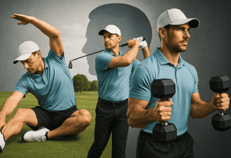 Golfer doing stretching and strength exercises for better mental and physical performance.