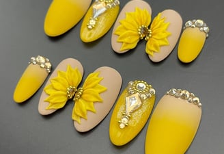 Yellow Sunflowers Diamond Luxury 3D Press on Nails, Reusable Handmade Fake Fingernails F63