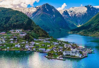 Balestrand town on Sognefjord with mountains