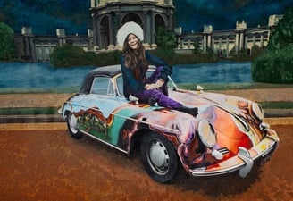 Mixed media painting by Martin Osner depicting Janis Joplin sitting on the bonnet of her psychedelic Porsche 356 convertible