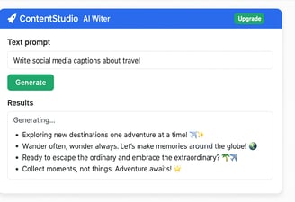  A graphic showing the ContentStudio AI Writer interface with example captions being generated