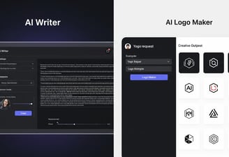 Split image: Hostinger's AI Writer interface with generated text and AI Logo Maker showing input and
