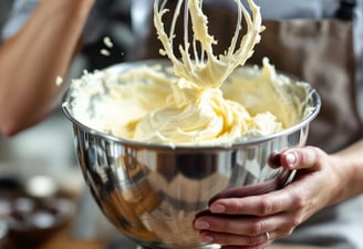 a person holding a large metal bowl with whipped butter