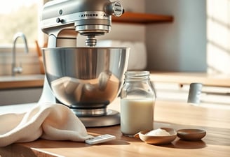 a kitchen counter top with a mixer and a glass of milk