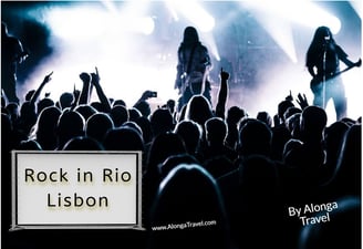 A crowd of people grooving in front of a band on stage & a custom sign: Rock in Rio Lisbon'