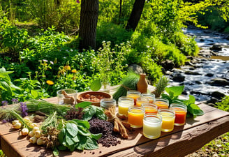 Various herbal plants and ingredients laid out on a rustic wooden table,