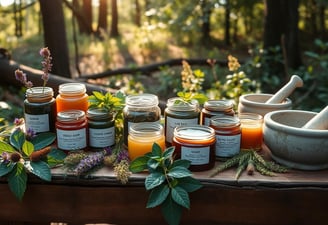 A rustic wooden table adorned with various jars filled with colorful herbal balms and salves.