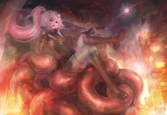 Stylised character illustration commission, streaming scene for streamer, vtuber, monster background