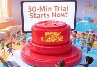 a classroom with a large red object in the middle of a classroom