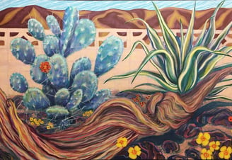 Acrylic Painting of Prickly Pear Cactus, Agave and Cottonwood Branch in a Garden in California