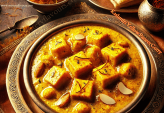 Kashmiri yellow paneer curry, chaman qaliya, naan and rice