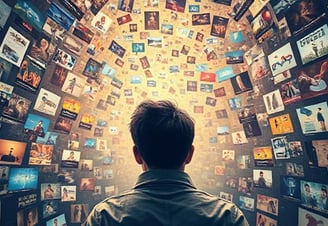  a person looking lost in a sea of conflicting ad images, or a visual representing "noise" vs. "clea