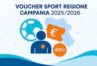Illustrazione CAF Public sul Voucher Sport Campania 2025/2026 con simboli sportivi e bonus