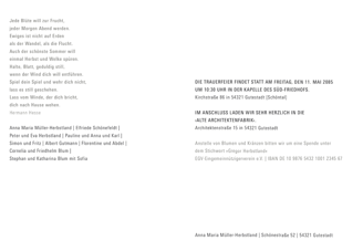 Trauerkartenrückseite mit Textbeispiel aus der Natura-Edition