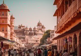 a busy street with people walking around the Pink City