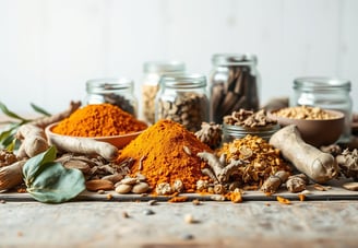 An assortment of Ayurvedic herbs and spices for pain relief