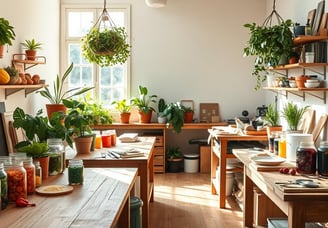 Natural paint making workspace, surrounded by jars of vegetables and fruits, wooden tables.