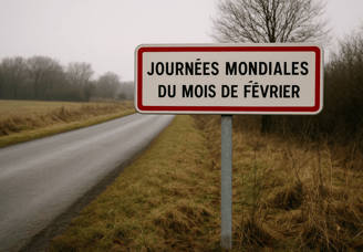 panneau "Journées mondiales du mois de février" sur une route de campagne.
