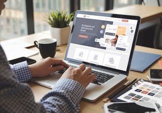 a person sitting at a desk with a laptop and launching a website online