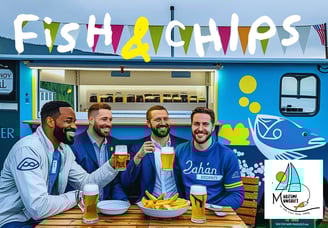 a group of men sitting at a table with drinks eating fish and chips in Hamnøy in Lofoten