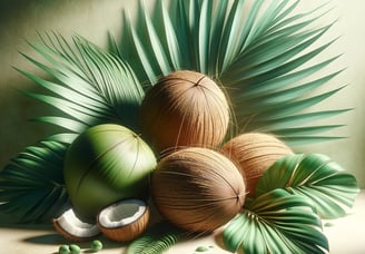 a bunch of coconuts and palm leaves