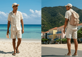Traveler demonstrating versatile tropical getaway outfits 2025, transitioning from beach to cafe
