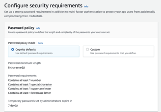 configure security requirements for Cognito User Pool