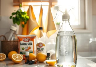 A box of baking soda, a spray bottle and sliced lemons on kitchen counter.