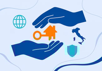 Illustrazione vettoriale in stile CAF Public che Rappresenta la gestione di un'eredità dall'estero con supporto esperto. 