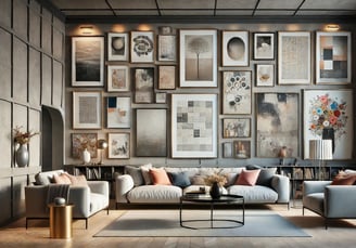 Galeria wall em uma sala de estar contemporânea com obras de arte emolduradas, sofá moderno, mesa