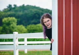 a girl with purple long hair looking out over a barn house with evil expression