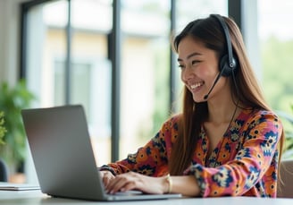 a woman wearing a headset speaking on the mic with a laptop computer