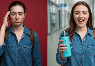 Hydration is a travel superpower. Dehydrated vs. refreshed traveler