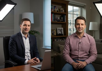 Split-screen showing proper lighting, camera angle, and professional background for video interview.