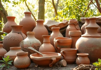 An artistic arrangement of primitive pottery with naturally sourced clays.