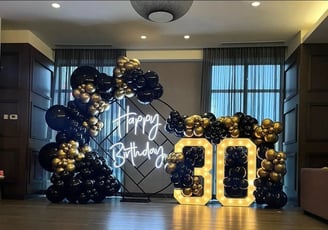 30 balloon backdrop package with happy birthday sign