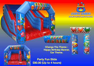 Party Fun Slide Bouncy Castle Hire Plymouth (Change the theme), Cars, Happy Birthday