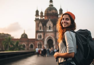 a woman with a backpacker on a bridge over looking at a building in Mumbai