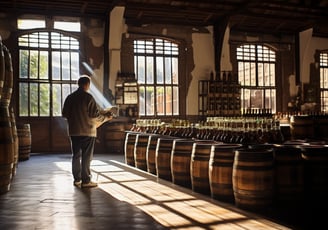 a man standing in a room with barrels of balsamic vinegar